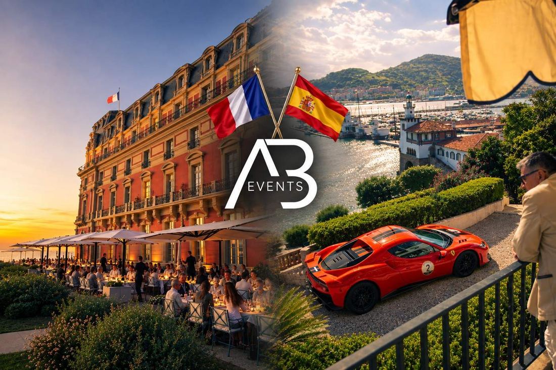 Collage van Baskenland 2026 met de Franse en Spaanse vlag en het AB Events-logo